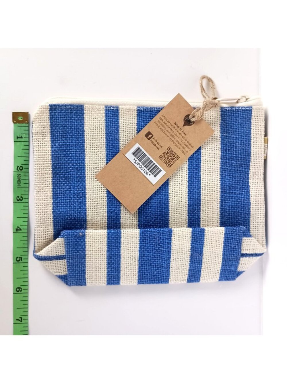Simple Jumo Blue Stripe Jute Cosmetic Bag Eco Friendly Pouch Organizer NWT - Picture 6 of 8